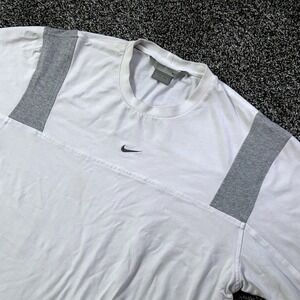 Nike Center Swoosh Tee Mens Large White‎ Gray Stripe Shirt Cotton Logo 90s